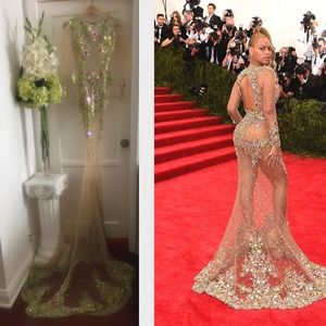 NEW! BEYONCE GOLD GOWN CRYSTAL EMBELLISHED MESH DRESS CUSTOM COUTURE SHEER GOWN